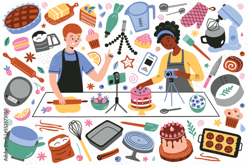 Food bloggers make baking tutorials, kitchen utensils, pastry hand drawn set, doodle icons of phone stand, whisk, cake, vector illustrations of cooking tools, video recipes, isolated colored clipart
