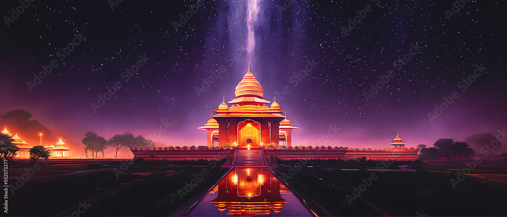 Illustration with a temple in India, Delhi. At night. Stars.