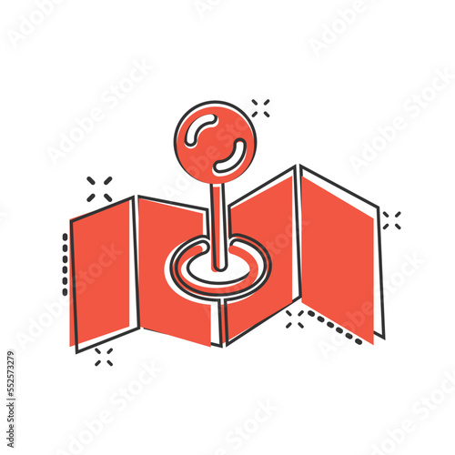 Map pin icon in comic style. gps navigation cartoon vector illustration on white isolated background. Locate position splash effect business concept.