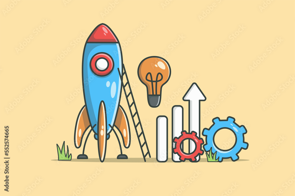 Startup business concept in flat line design. Launch new project color outline scene. Objects composition with space rocket, lightbulb, data graphs and gears. Illustration with web icon Startup business concept in flat line design. Launch new project color outline scene. Objects composition with space rocket, lightbulb, data graphs and gears. Illustration with web icon