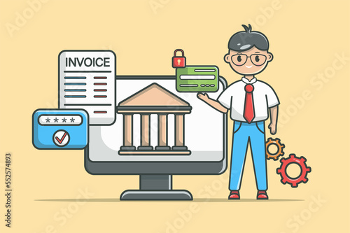 Online banking concept in flat line design. Financial service color outline scene. Man holding credit card while standing by computer with bank site and pays invoice. Illustration with web icon