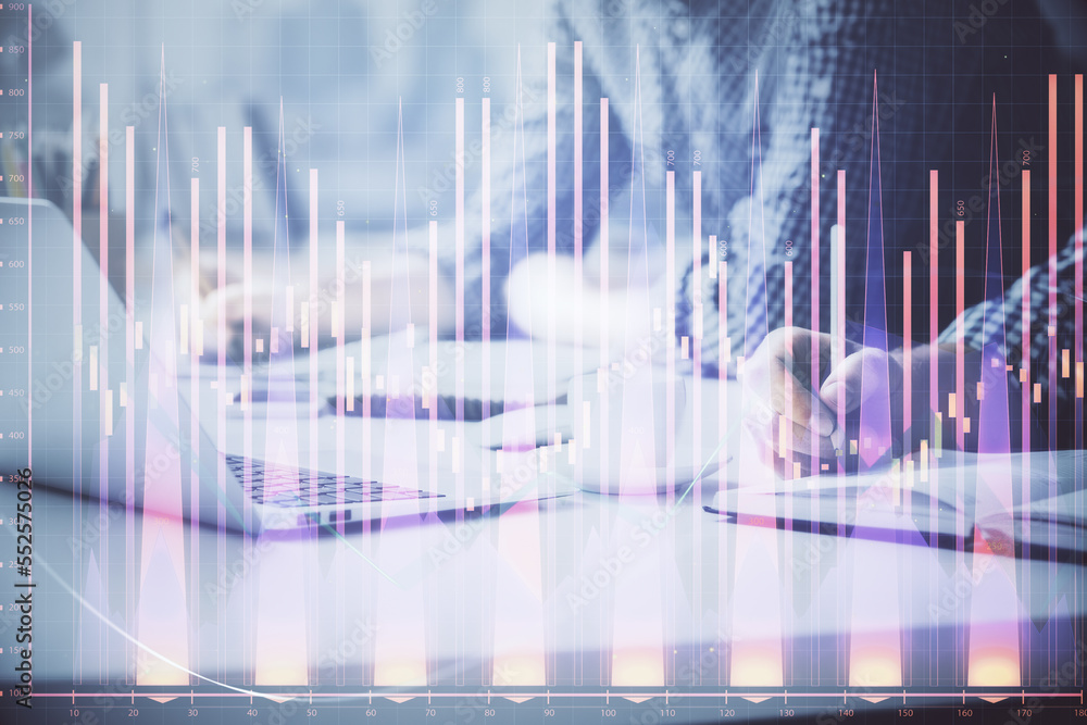 Multi exposure of forex chart with man working on computer on background. Concept of market analysis.