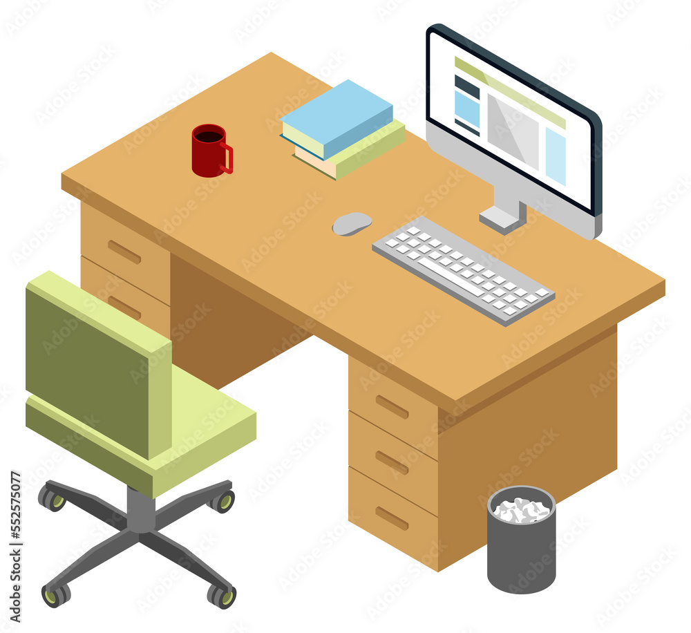 Isometric office worker desk. Manager computer workplace Isometric office worker desk. Manager computer workplace