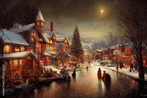 Christmas winter scenery with small village decorated for Christmas, magic cosy fary tale illustration photo