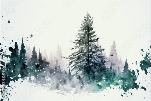 Winter Fir Tree Forest in the Snow Watercolor, Digital Illustration