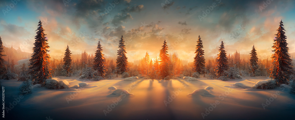 Winter landscape wallpaper with pine forest covered with snow and scenic sky at sunset. Snowy fir tree in beauty nature scenery. Christmas and new year greeting card background. - obrazy, fototapety, plakaty 