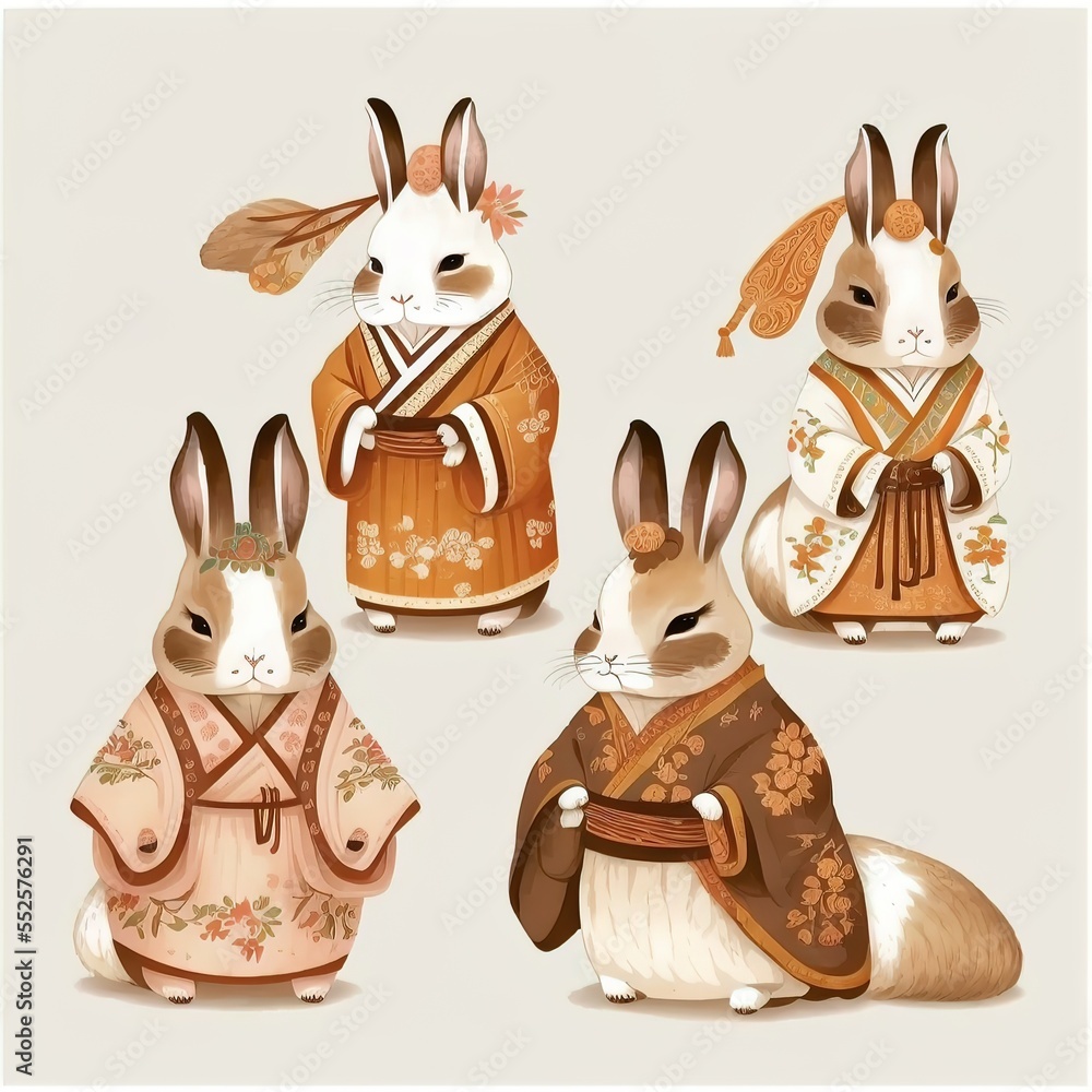 A set of cute rabbits dressed in national Asian outfits. Collection of ...