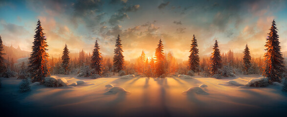 Fotobehang Cappuccinokleur Winter landscape wallpaper with pine forest covered with snow and scenic sky at sunset. Snowy fir tree in beauty nature scenery. Christmas and new year greeting card background.  © hitdelight