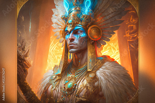 Osiris, Egyptian God made by AI in style of Alphonse Mucha. A concept art with colorful dramatic atmosphere.
