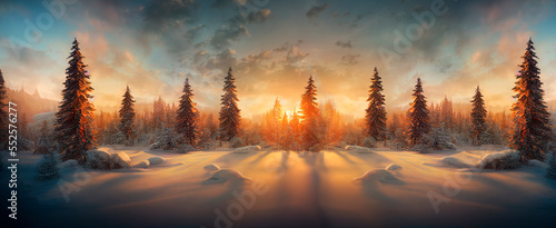 Obraz na płótnie Winter landscape wallpaper with pine forest covered with snow and scenic sky at sunset