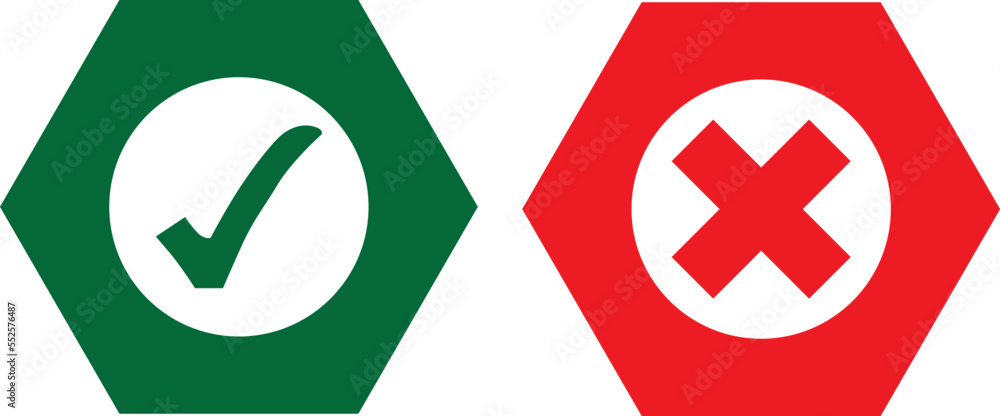 Obraz premium Approved and not approved icon, green check and red cross symbols