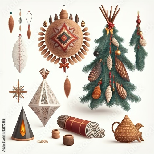 Set of Christmas decorations in boho style. Winter holiday elements. 3d illustration Generative AI 
