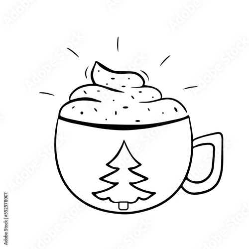 Cup of coffee hand drawing style. One line art of coffee, tea, drink, cappuccino, latte, milk, cream. Romance. Christmas.
