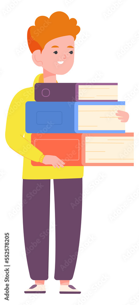 Boy hold book stack. Studying kid character Boy hold book stack. Studying kid character