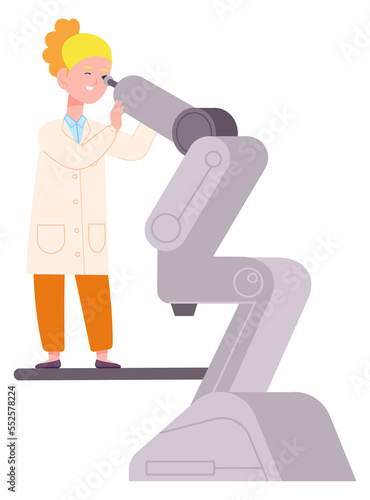 Girl looking in microscope. Kid lab scientist character