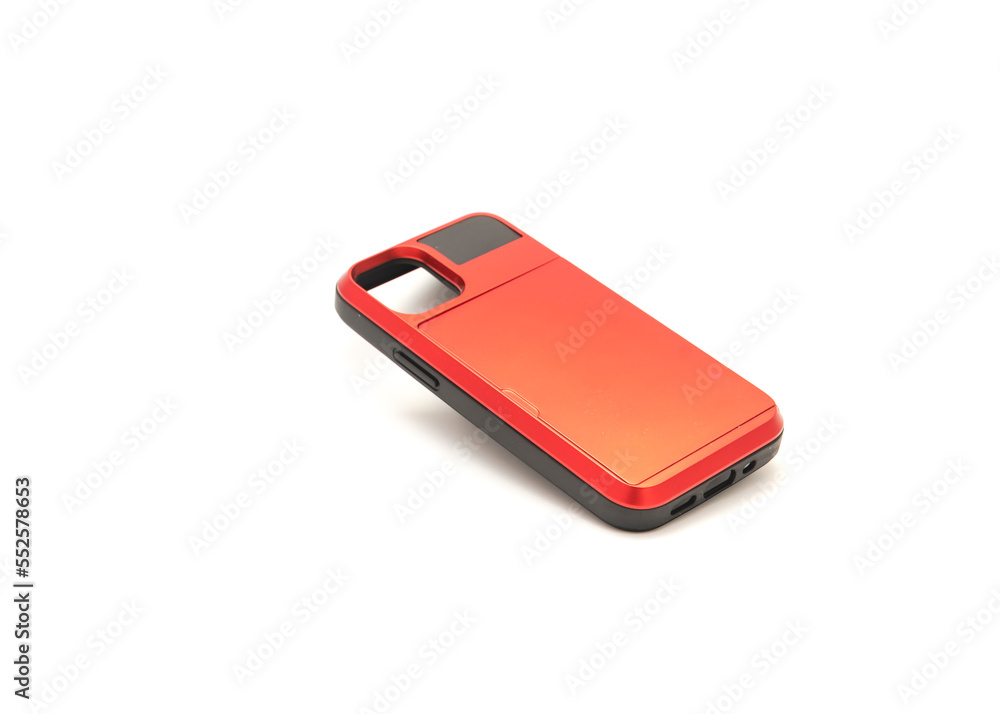 Red and black smart phone case with hidden back pocket for credit card holder isolated on white background Red and black smart phone case with hidden back pocket for credit card holder isolated on white background