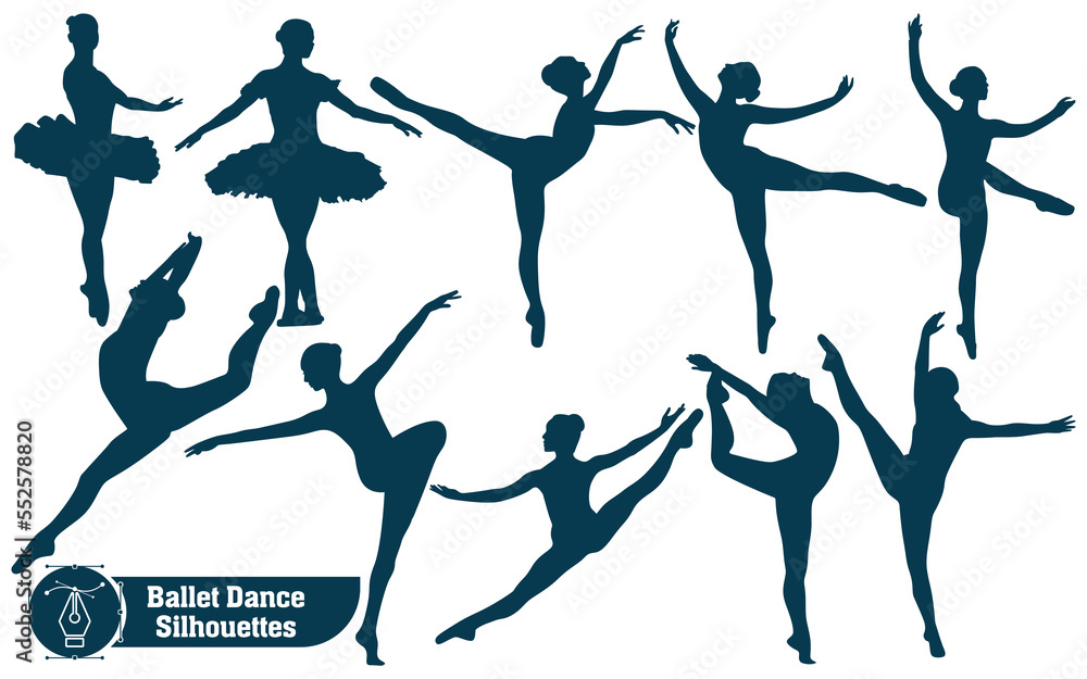 Collection of Black and white vector woman silhouettes dancing ballet of women's body anatomy styles Collection of Black and white vector woman silhouettes dancing ballet of women's body anatomy styles