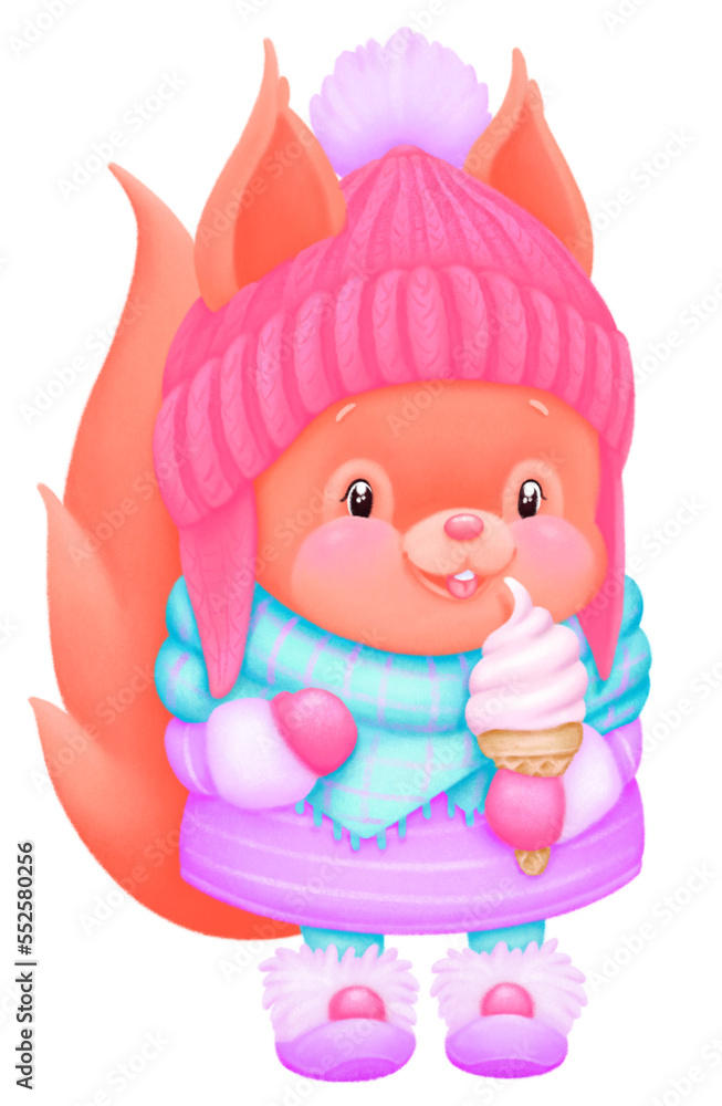 A little squirrel eats an ice cream. Digital drawing, illustration. A little squirrel eats an ice cream. Digital drawing, illustration.