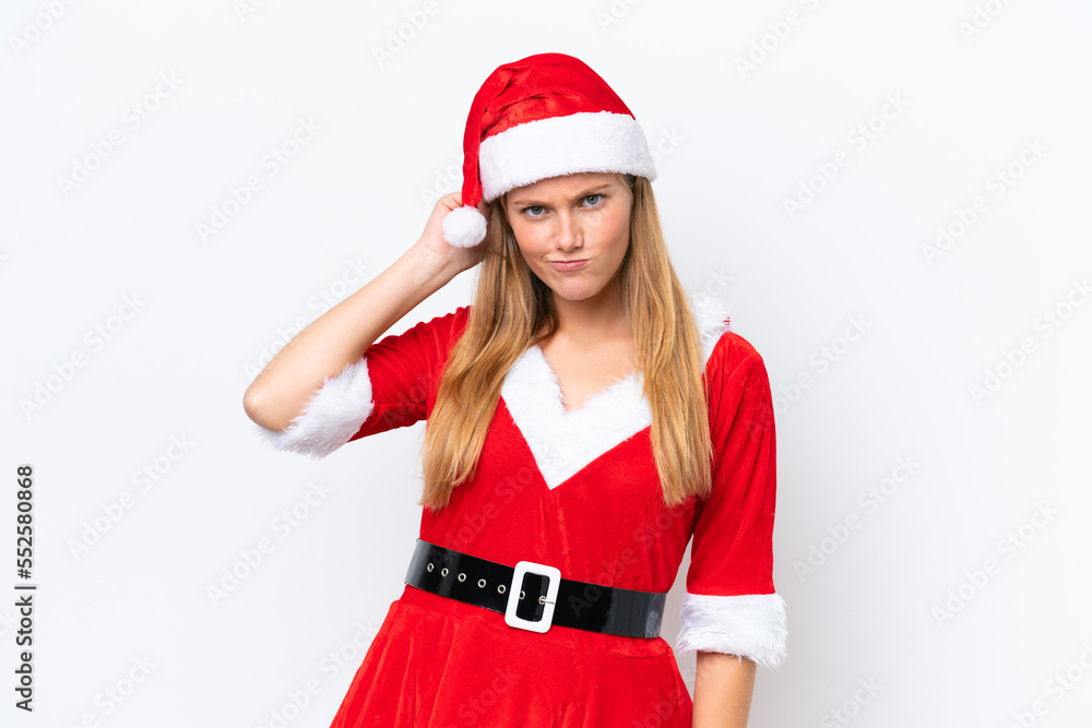 Young caucasian woman dressed as mama noel isolated on white background having doubts Young caucasian woman dressed as mama noel isolated on white background having doubts