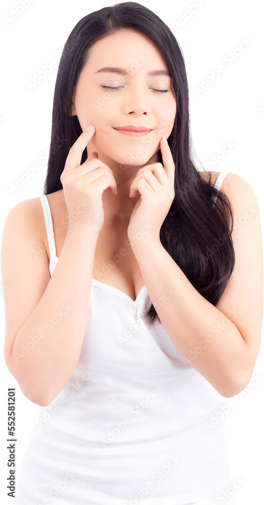 Portrait of beautiful asian woman makeup of cosmetic - girl hand touch cheek and smile on attractive face with skin healthcare concept.