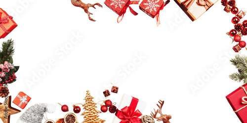 Merry christmas gifts, white background, happy new year, red box, holiday package