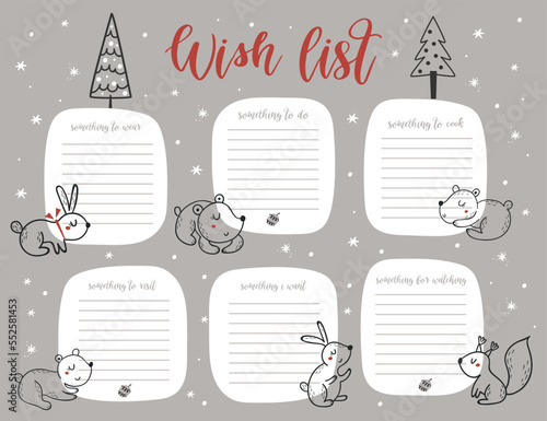Christmas wish list page template, to do list with cute forest animals