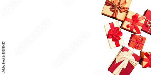 Merry christmas gifts, white background, happy new year, red box, holiday package