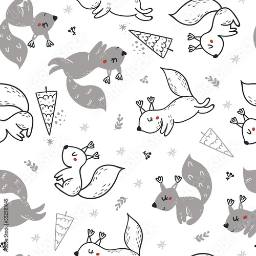 Christmas seamless pattern with cute squirreils
