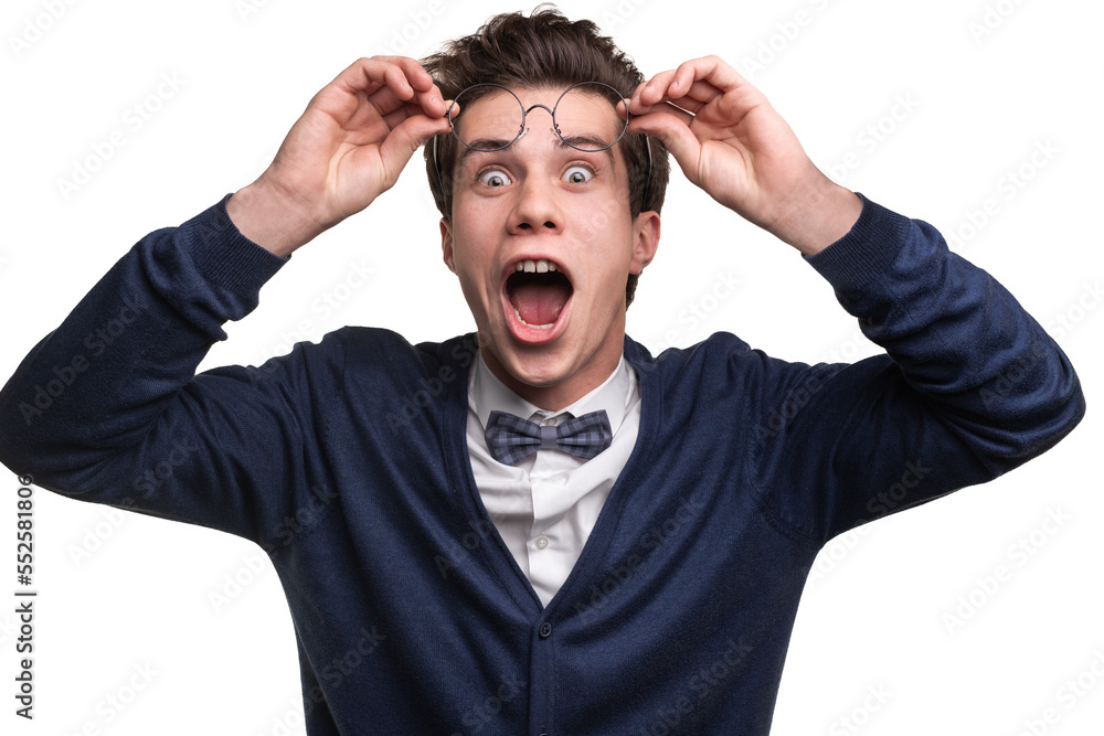 Amazed smart young man raising glasses Amazed smart young man raising glasses