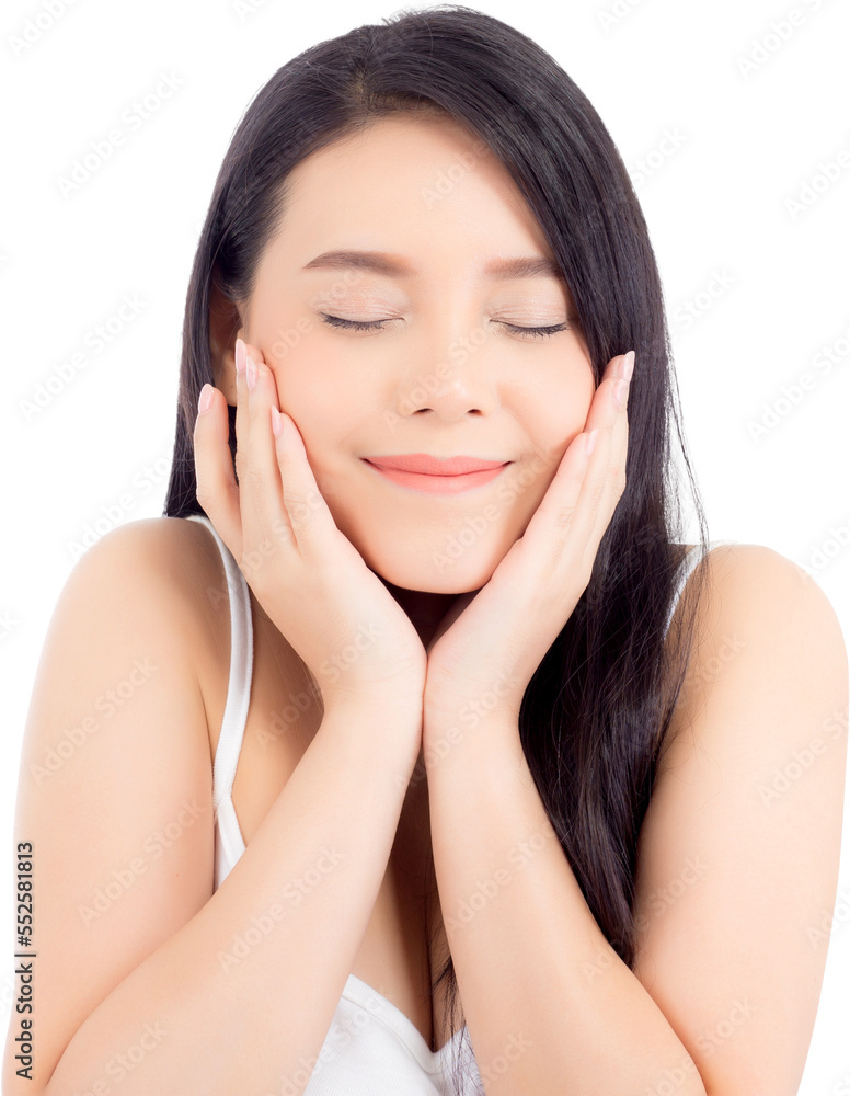 Portrait of beautiful asian woman makeup of cosmetic - girl hand touch cheek and smile on attractive face with skin healthcare concept. Portrait of beautiful asian woman makeup of cosmetic - girl hand touch cheek and smile on attractive face with skin healthcare concept.