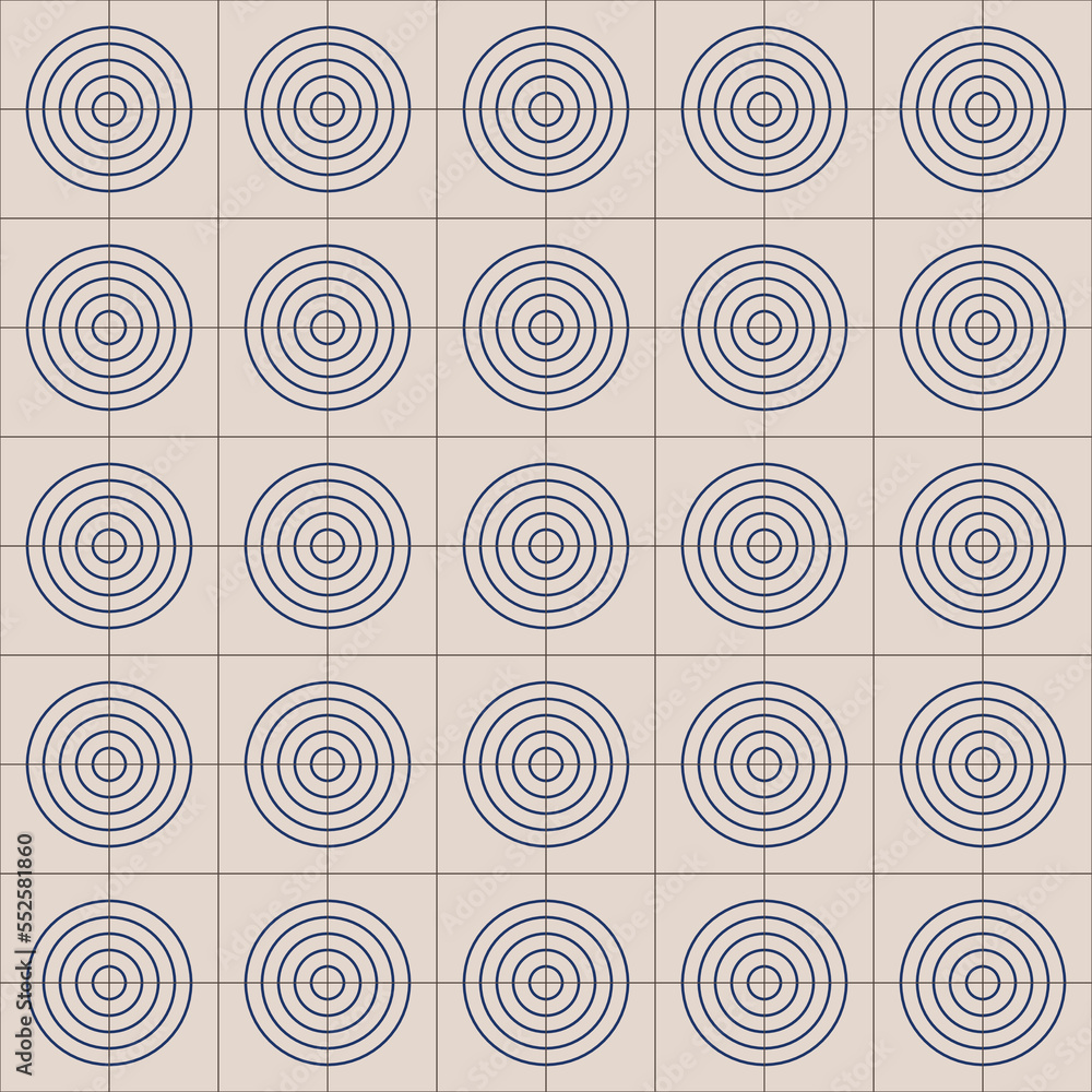 Simple abstract ornament of a floor tile. Blue circles on a square seamless pattern. Simple abstract ornament of a floor tile. Blue circles on a square seamless pattern.
