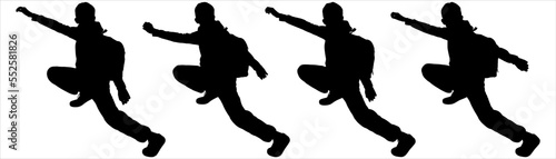 Tourist teenager lends a helping hand. Rescuer. A teenager with a backpack behind his back climbs up. Climbing climb. Sport. Sideways. Boy going up on a slope. Black silhouette isolated on white