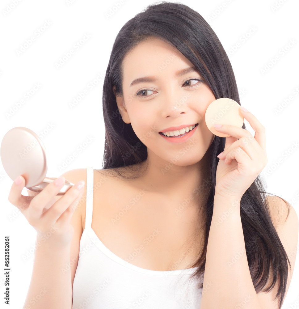 Portrait of beautiful asian woman applying powder puff at cheek makeup of cosmetic, beauty of girl with face smile, wellness and healthcare concept. Portrait of beautiful asian woman applying powder puff at cheek makeup of cosmetic, beauty of girl with face smile, wellness and healthcare concept.