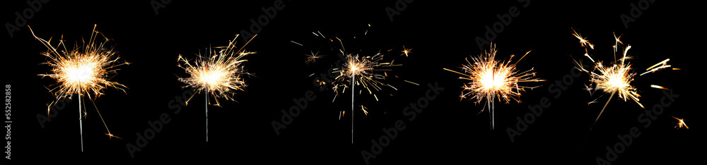 Collage with bright burning sparklers on black background, banner design