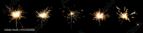 Collage with bright burning sparklers on black background  banner design