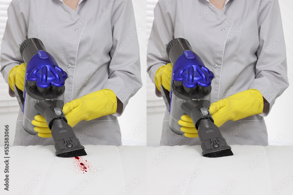 Fototapeta premium Woman in gloves disinfecting mattress with vacuum cleaner indoors, closeup. Collage with photos before and after cleaning