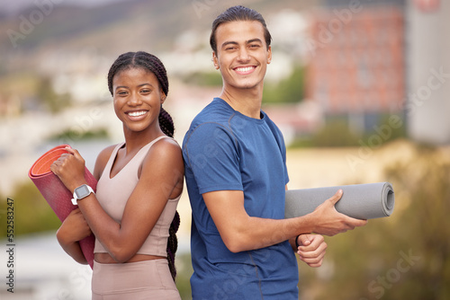 Couple, yoga fitness and portrait ready for workout outdoor for lifestyle motivation, spirital training and body wellness. Happy black woman, man and smile for exercise or start balance performance photo