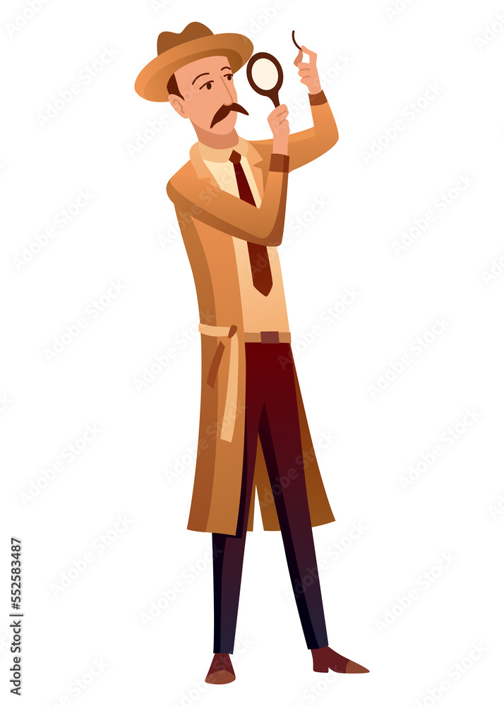 Male private detective or inspector investigate crime and look for evidence. Detective character with magnifying glass cartoon flat style. Investigator in hat and coat solving crime Male private detective or inspector investigate crime and look for evidence. Detective character with magnifying glass cartoon flat style. Investigator in hat and coat solving crime
