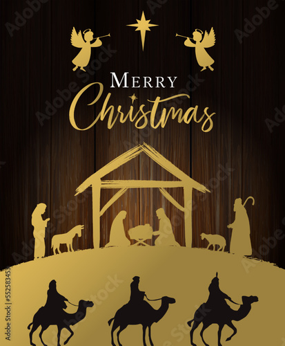 Golden Nativity scene with Holy family and Merry Christmas calligraphy on wooden texture. Jesus in manger, Mary, Joseph, wisemen, shepherds, angels and Bethlehem star. Vector illustration
