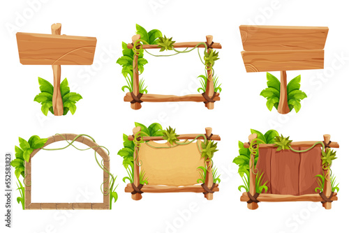 Set frame from sticks, wooden planks, stone bricks with grass and liana, jungle leaves in comic cartoon style isolated on white background. Border, jungle panel textured and detailed. Game asset, menu