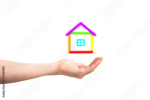 House in hand with colorful rainbow walls for gay couple in PNG isolated on transparent background, home and real estate for sale or buy concept . Flat illustration on blue background