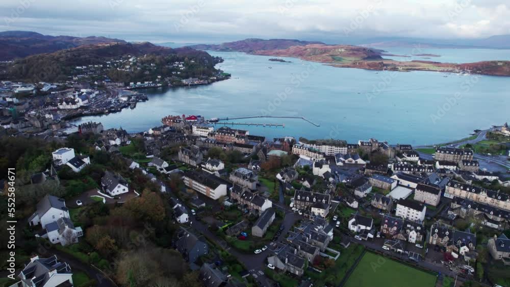 Oban resort town in Scotland, aerial view of incredible townscape, day Oban resort town in Scotland, aerial view of incredible townscape, day