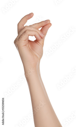 Woman snapping fingers on white background, closeup of hand