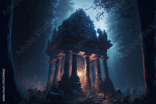 Fantasy stone temple in the forest at night. Generative AI photo