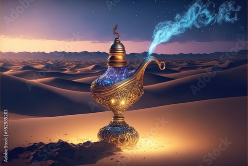 Lamp of Wishes In The Desert - Genie Coming Out Of The Bottle. Generative AI photo