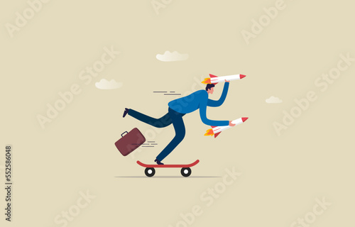 Competition a Startup Business. Entrepreneur is eager to make money for company. Ready businessman holding a rocket with a skateboard. Illustration