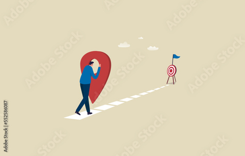 Goal tracking. Follow up on targeted. Progress from beginning to success. Map or direction to navigate to goal. Businessman following Pin. Illustration