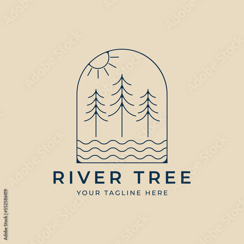 river tree line art minimalist logo with emblem vector illustration design