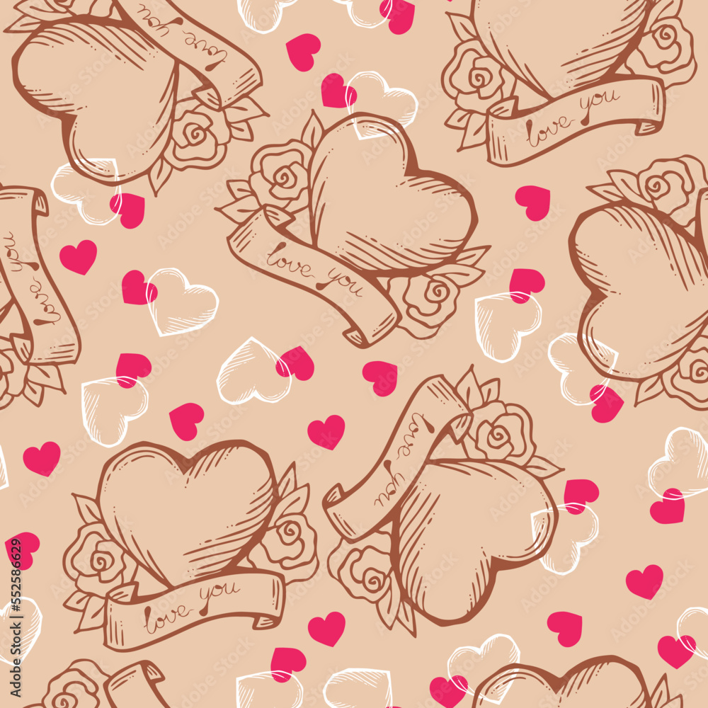 Love heart seamless pattern. Decorative symbol for valentine's day, wedding and engagement. Design for wrapping paper, digital and wallpaper, fabric print, textile, poster, banner, greeting card.
