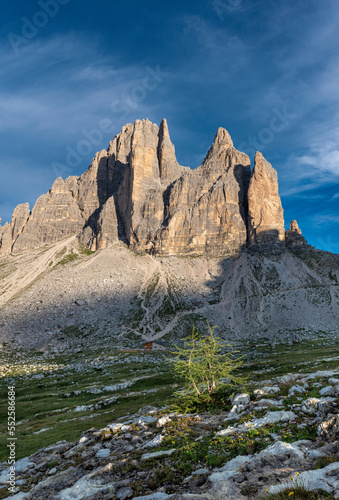Beautiful Morning at Tre Cime di Lavaredo Mountains with blue sky, Dolomites Alps, Italy